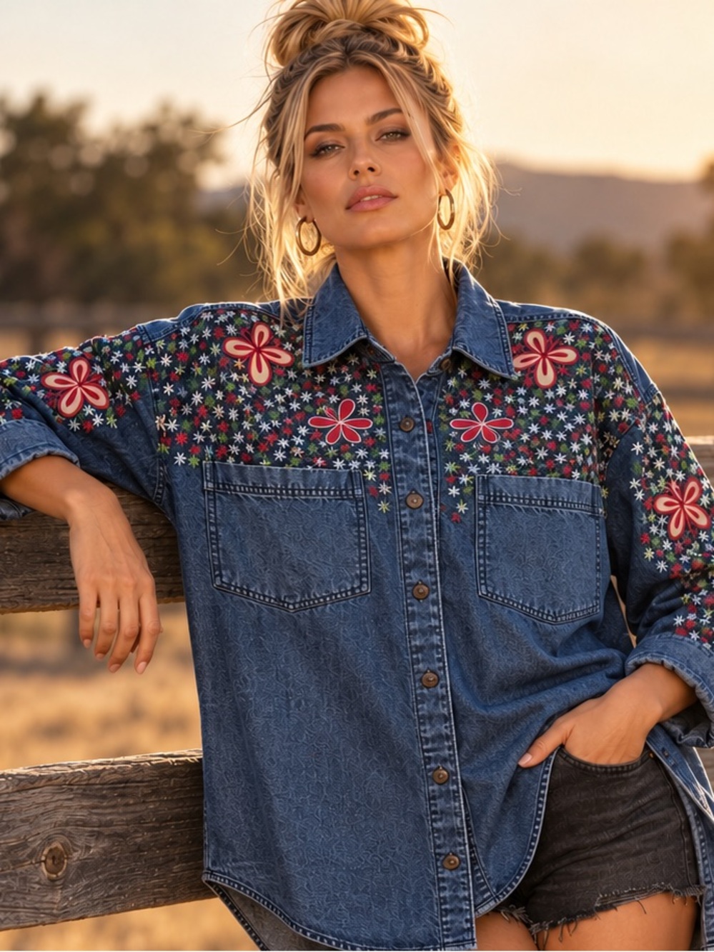 Free People We The Free Rainbow Floral Embroidered Denim Shirt Oversized M NWT